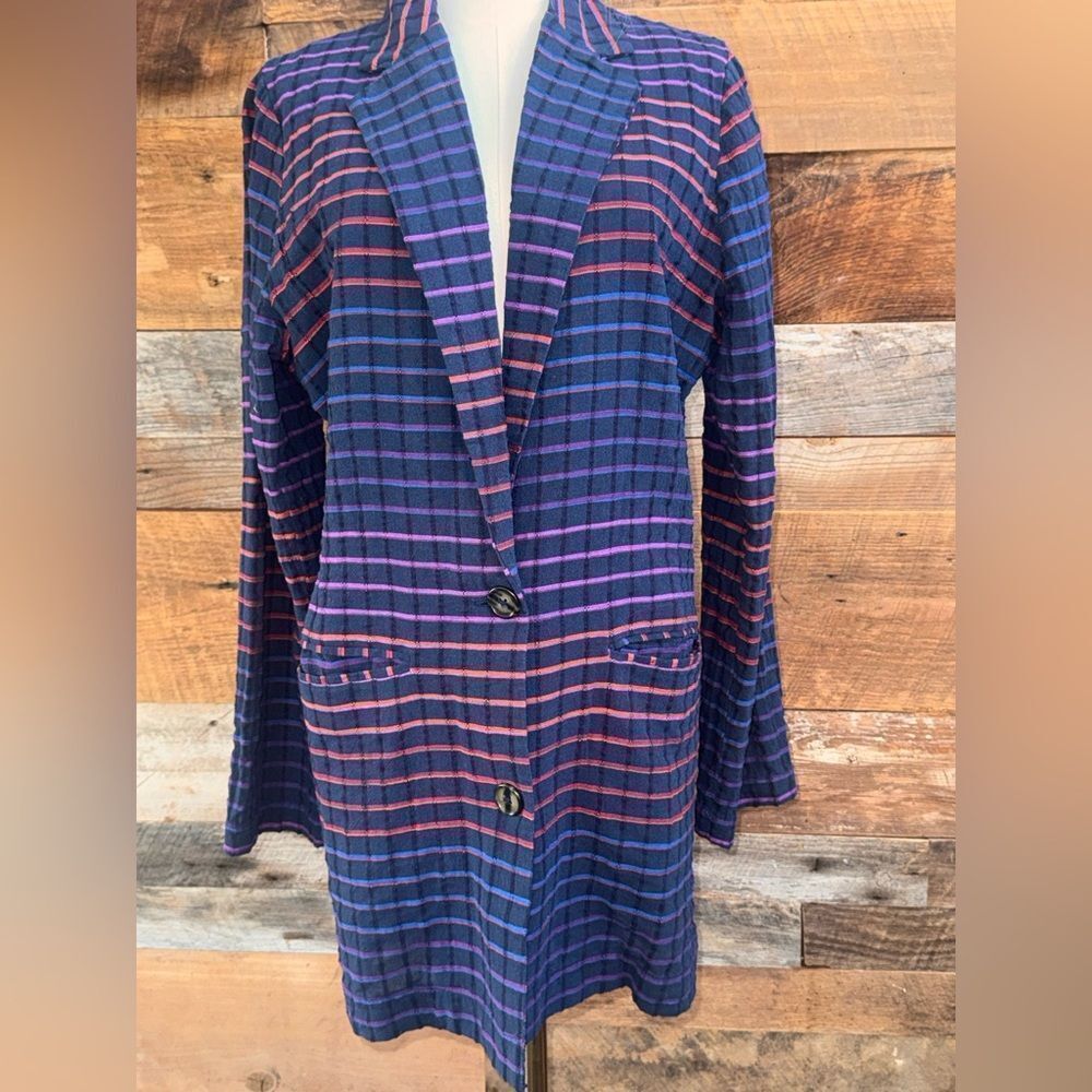 Free People Better Together Blazer Navy Multi-Color Striped Longline Jacket S/P